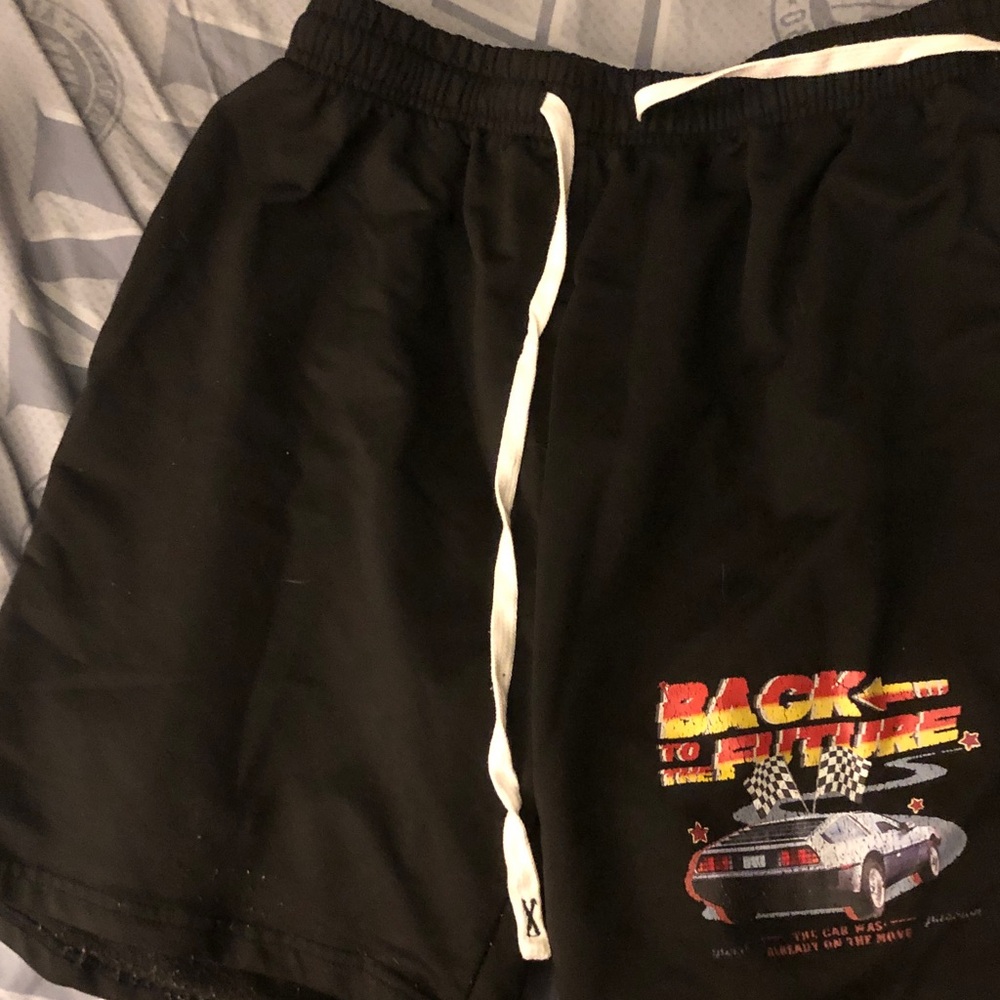 Black Graphic Drawstring Shorts with Retro Car Print